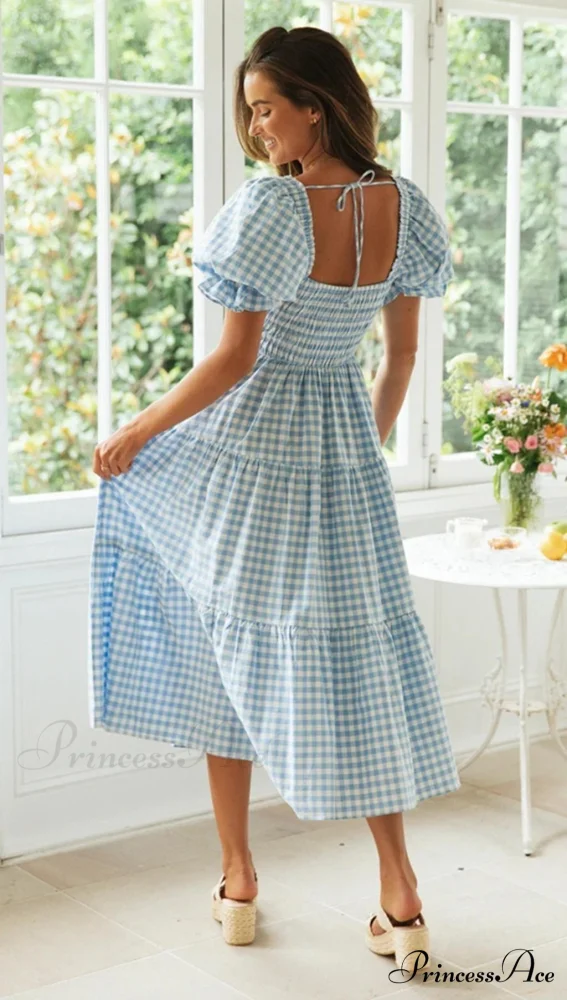 Plaid Puff Stylish Sleeve Midi Dress - Image 5