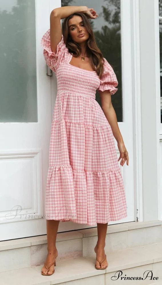 Plaid Puff Stylish Sleeve Midi Dress - Image 6