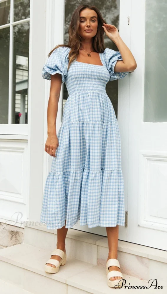 Plaid Puff Stylish Sleeve Midi Dress - Image 7