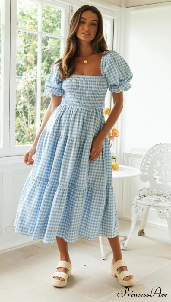 Plaid Puff Stylish Sleeve Midi Dress - Image 8