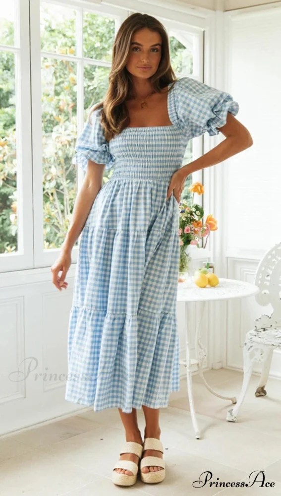 Plaid Puff Stylish Sleeve Midi Dress - Image 9