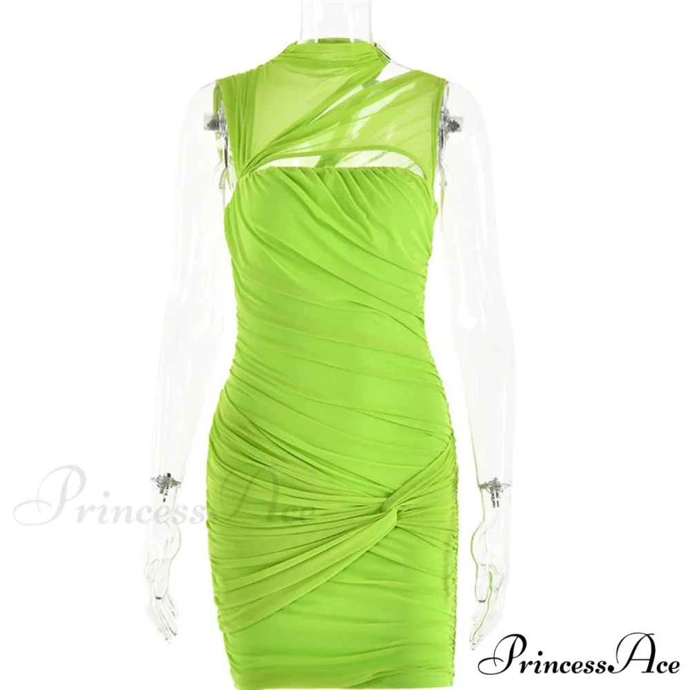 Green Mesh Ruched Neck Cut Trendy Out Design Bodycon Mini Dress - Image 3