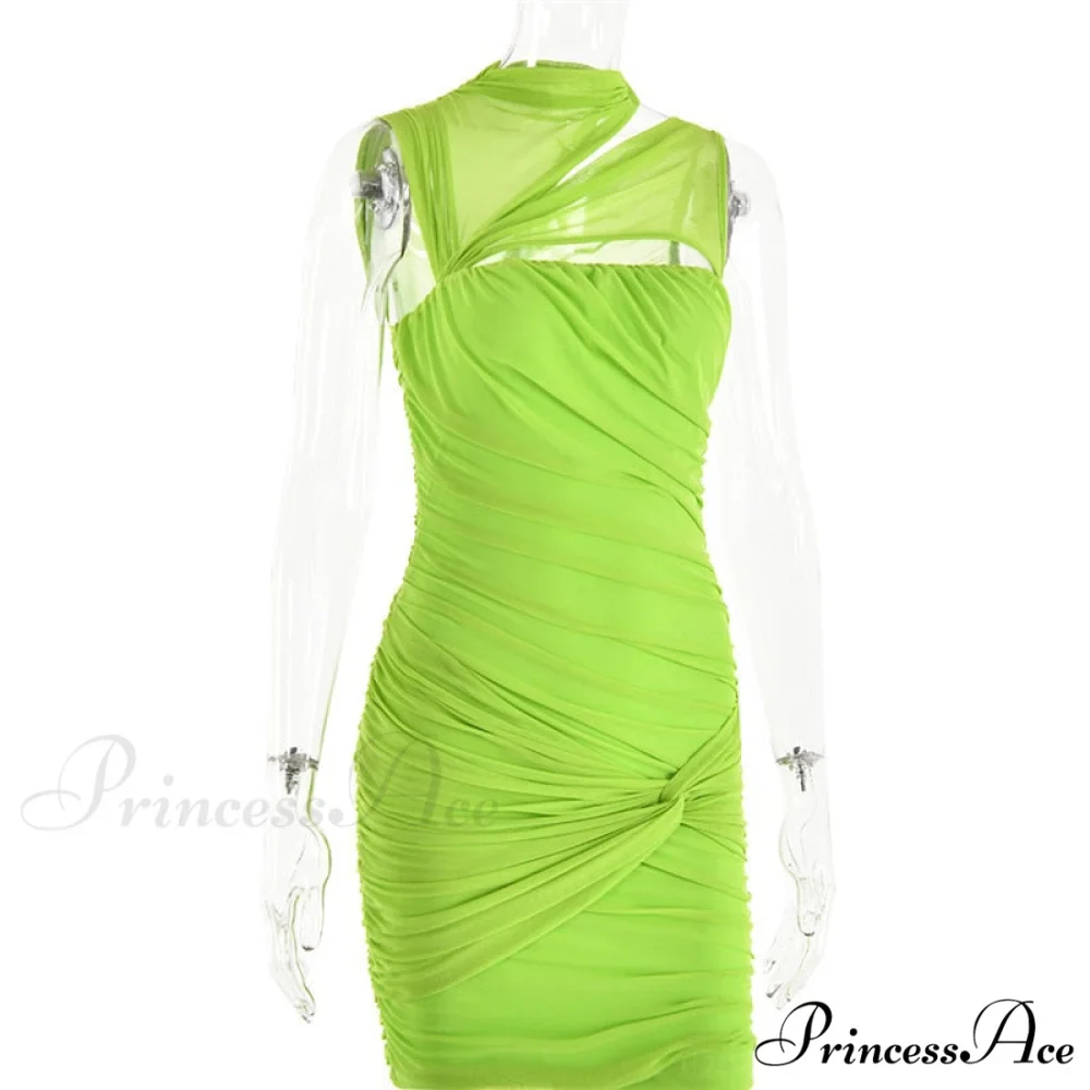 Green Mesh Ruched Neck Cut Trendy Out Design Bodycon Mini Dress - Image 4