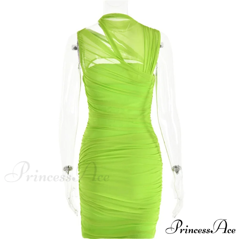 Green Mesh Ruched Neck Cut Trendy Out Design Bodycon Mini Dress - Image 5