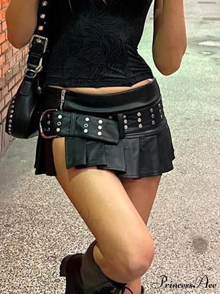 Black Pleated Belted Charming Slit Micro Mini Skirt - Image 2