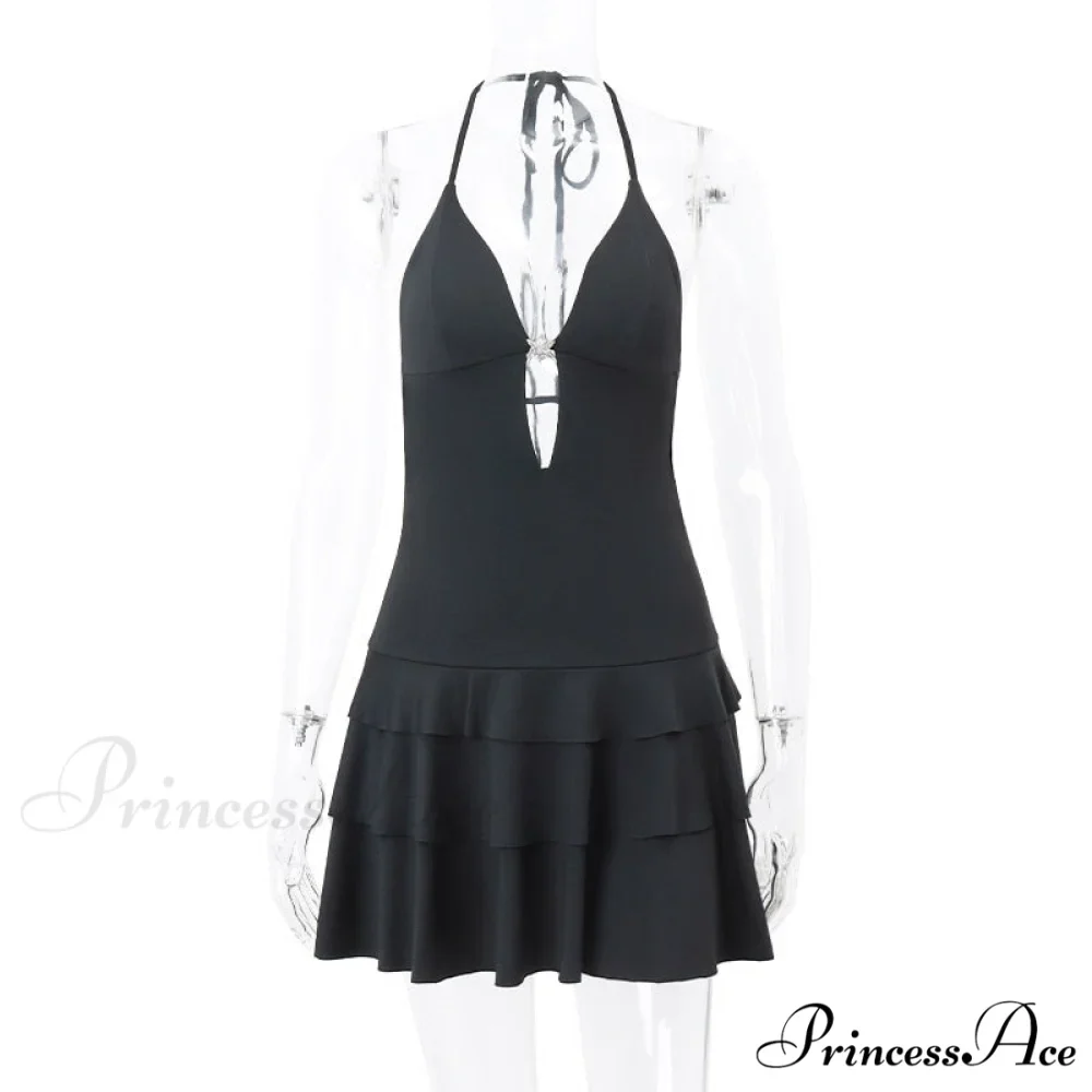 Black Deep V-neck Charming Backless Frill Mini Dress - Image 6