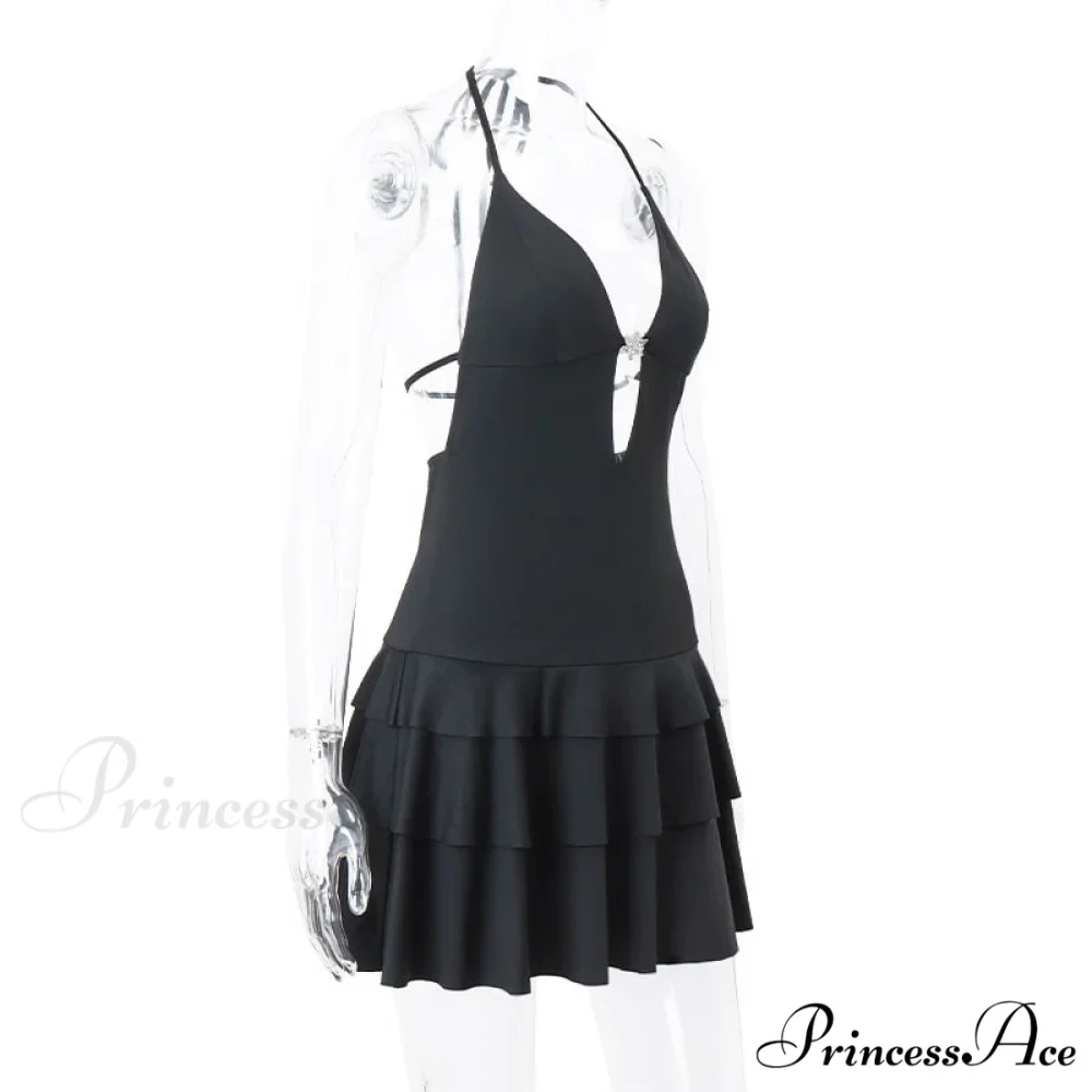 Black Deep V-neck Charming Backless Frill Mini Dress - Image 7