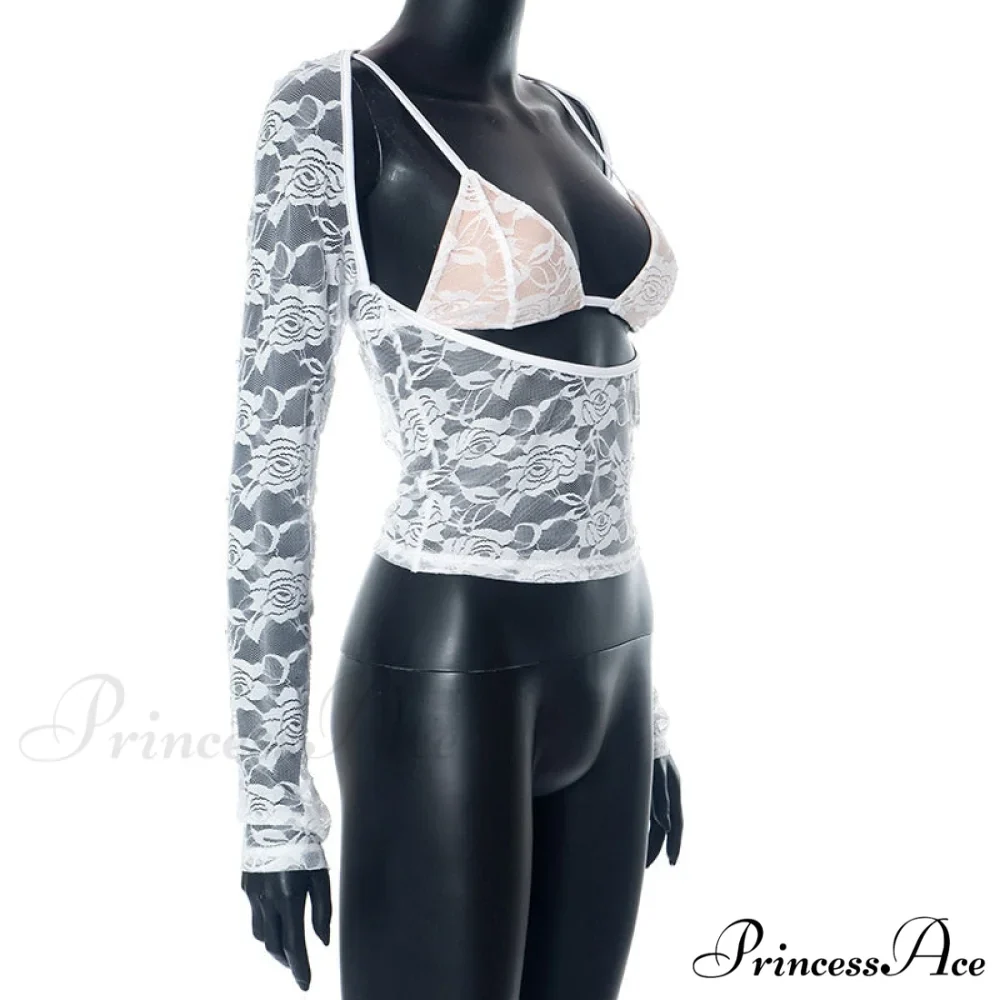 Lace Sheer Long Sleeve Graceful Cut Out Bralette Top - Image 11