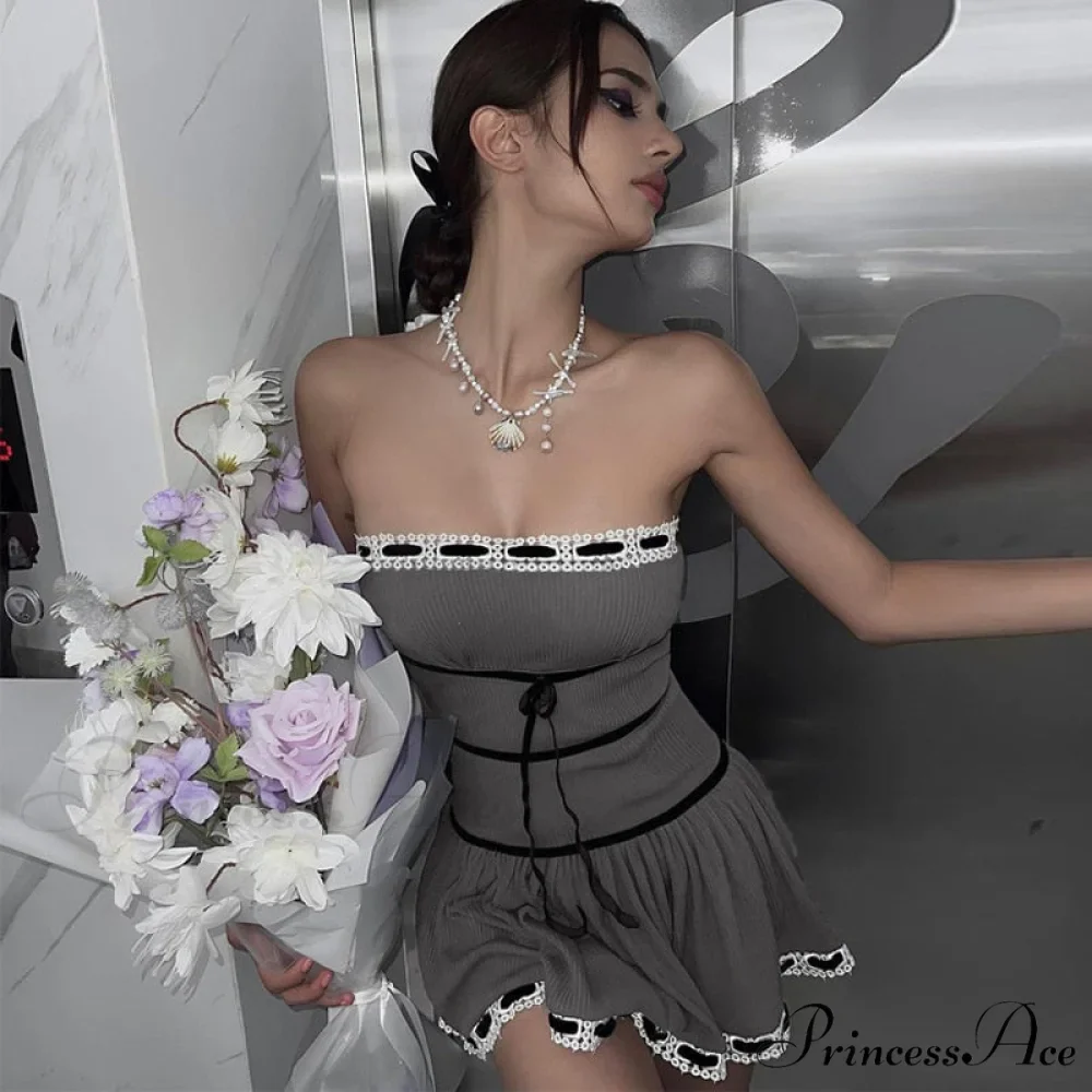 Grey Tube Lace Charming Strap Mini Dress - Image 2