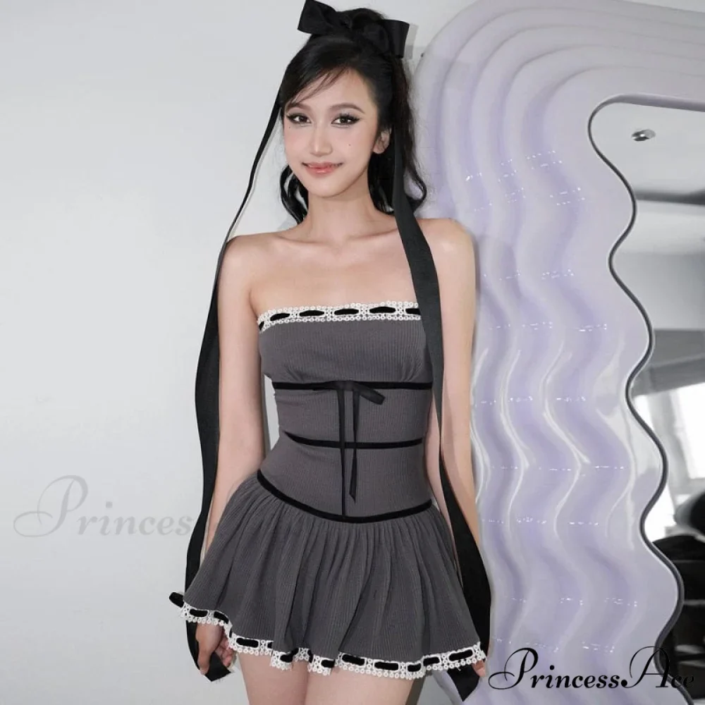 Grey Tube Lace Charming Strap Mini Dress - Image 3