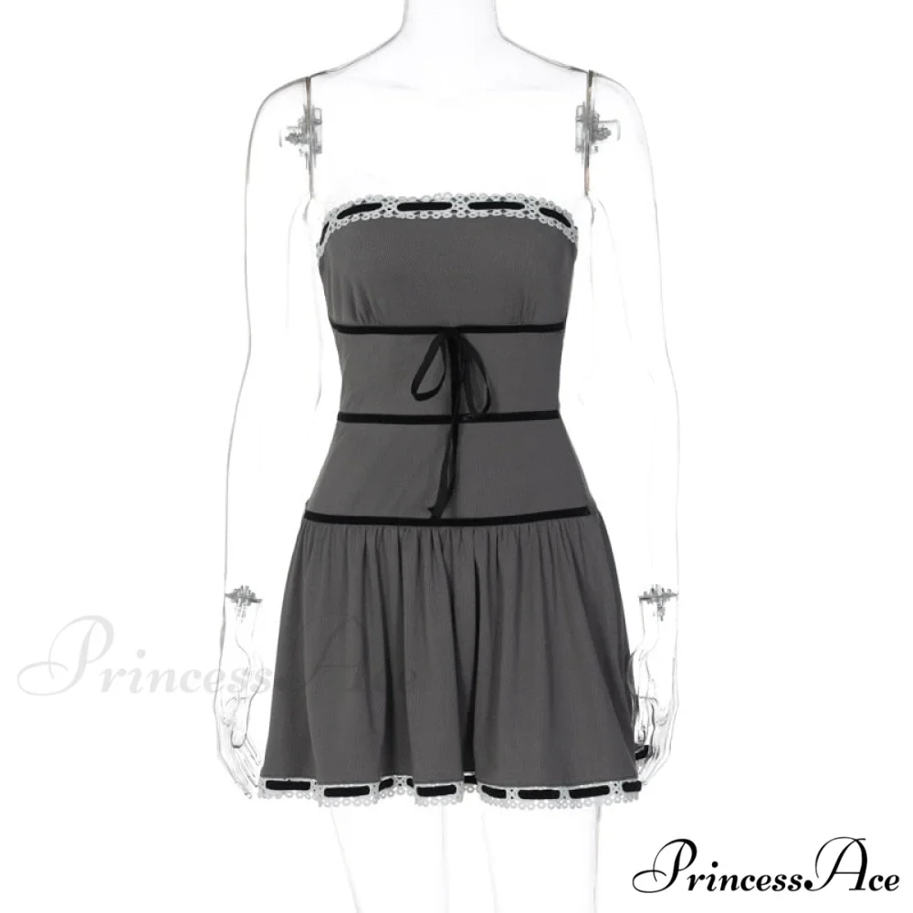 Grey Tube Lace Charming Strap Mini Dress - Image 9