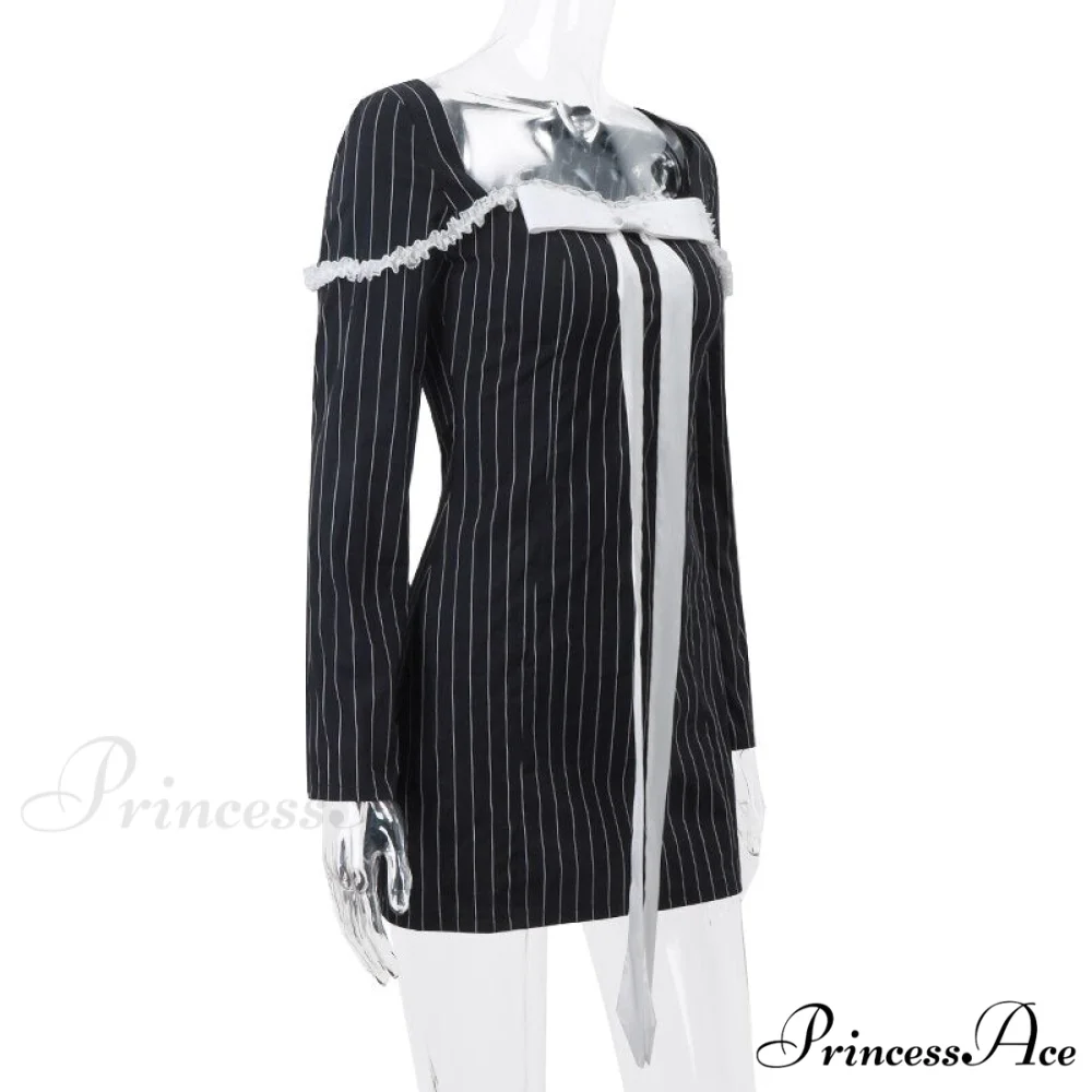 Black Stripe Long Charming Sleeve Bow Mini Dress - Image 10