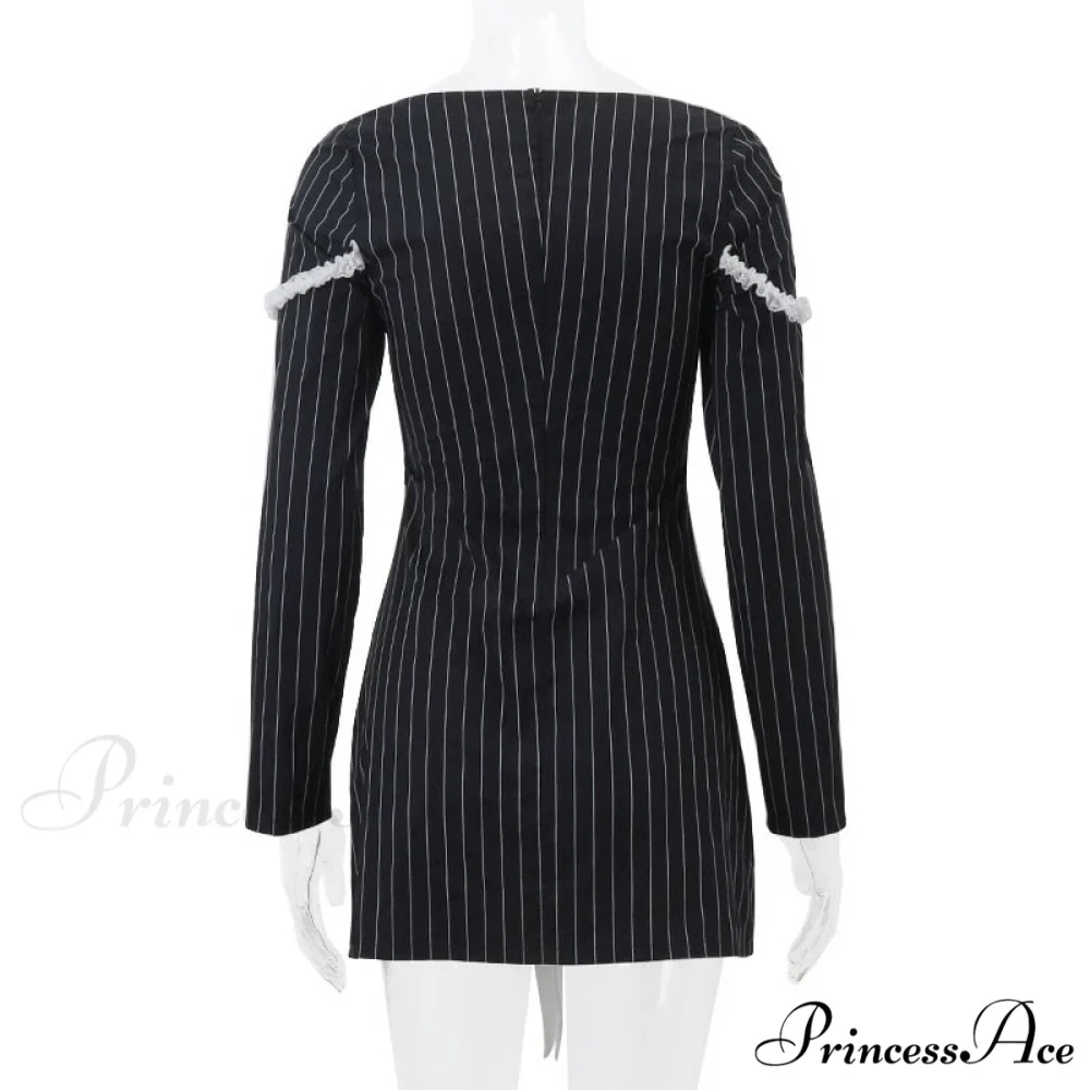 Black Stripe Long Charming Sleeve Bow Mini Dress - Image 11