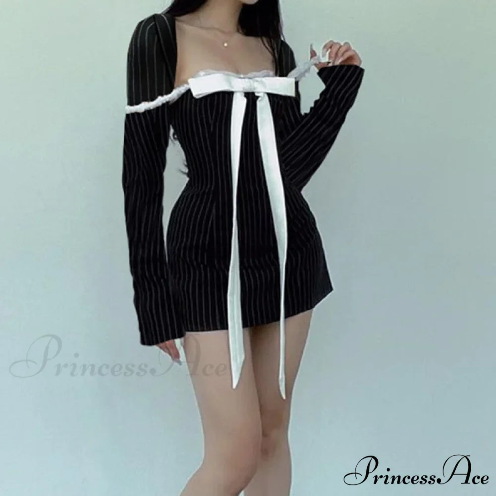 Black Stripe Long Charming Sleeve Bow Mini Dress - Image 4
