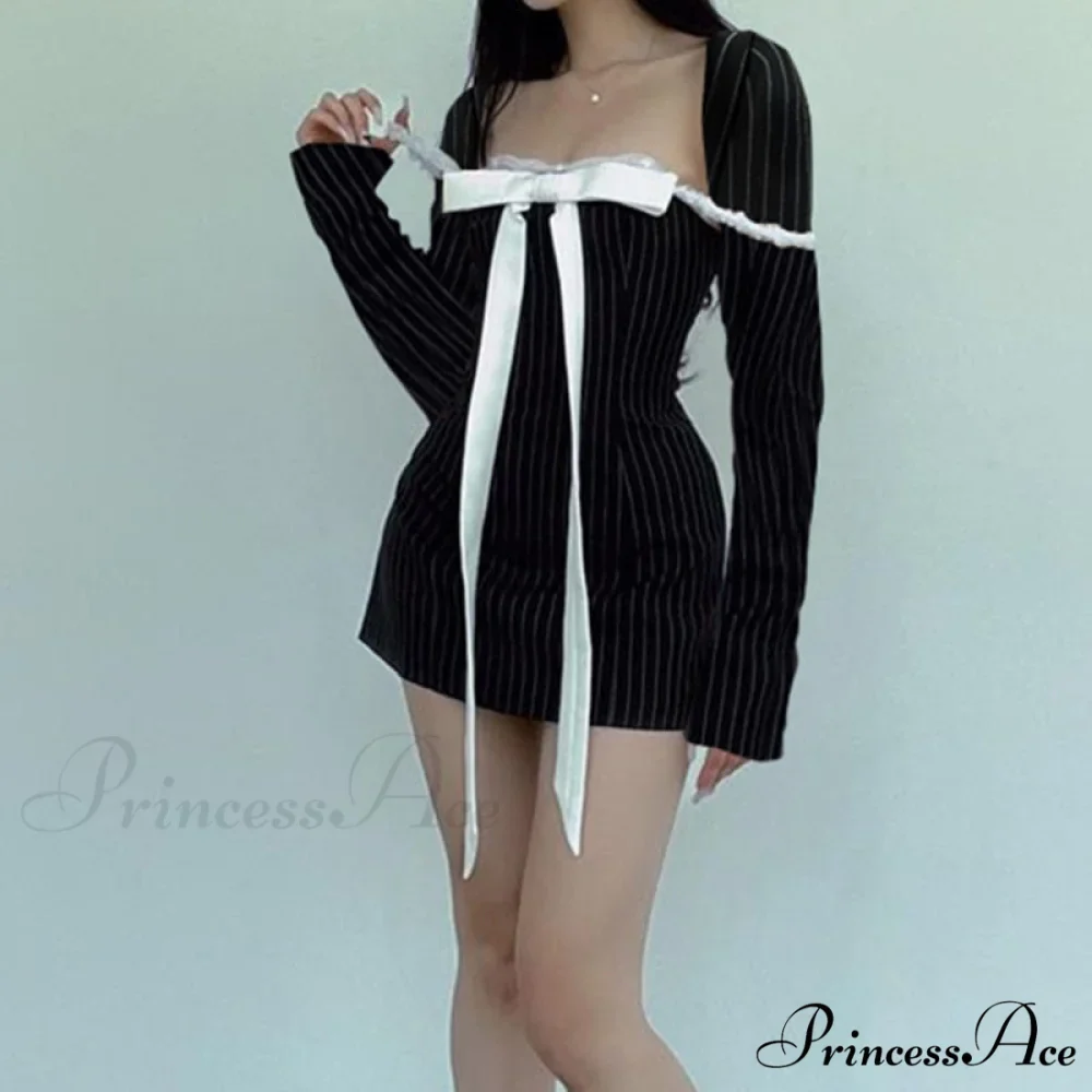 Black Stripe Long Charming Sleeve Bow Mini Dress - Image 6