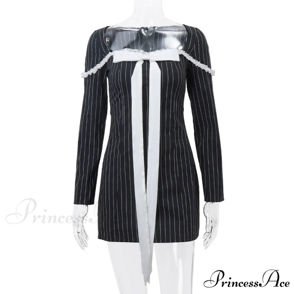 Black Stripe Long Charming Sleeve Bow Mini Dress - Image 9