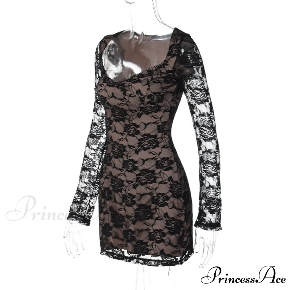 Black Lace Layered Charming Long Sleeve Mini Dress - Image 10