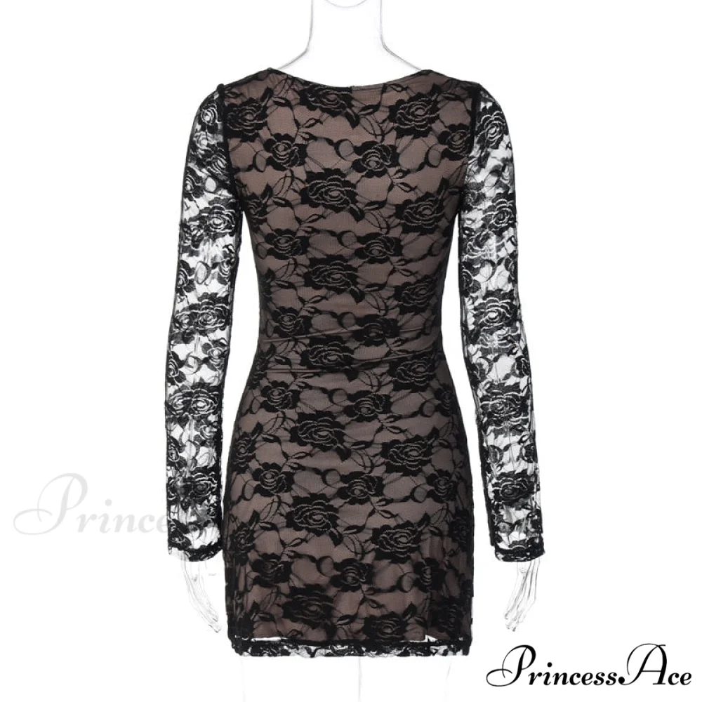 Black Lace Layered Charming Long Sleeve Mini Dress - Image 11