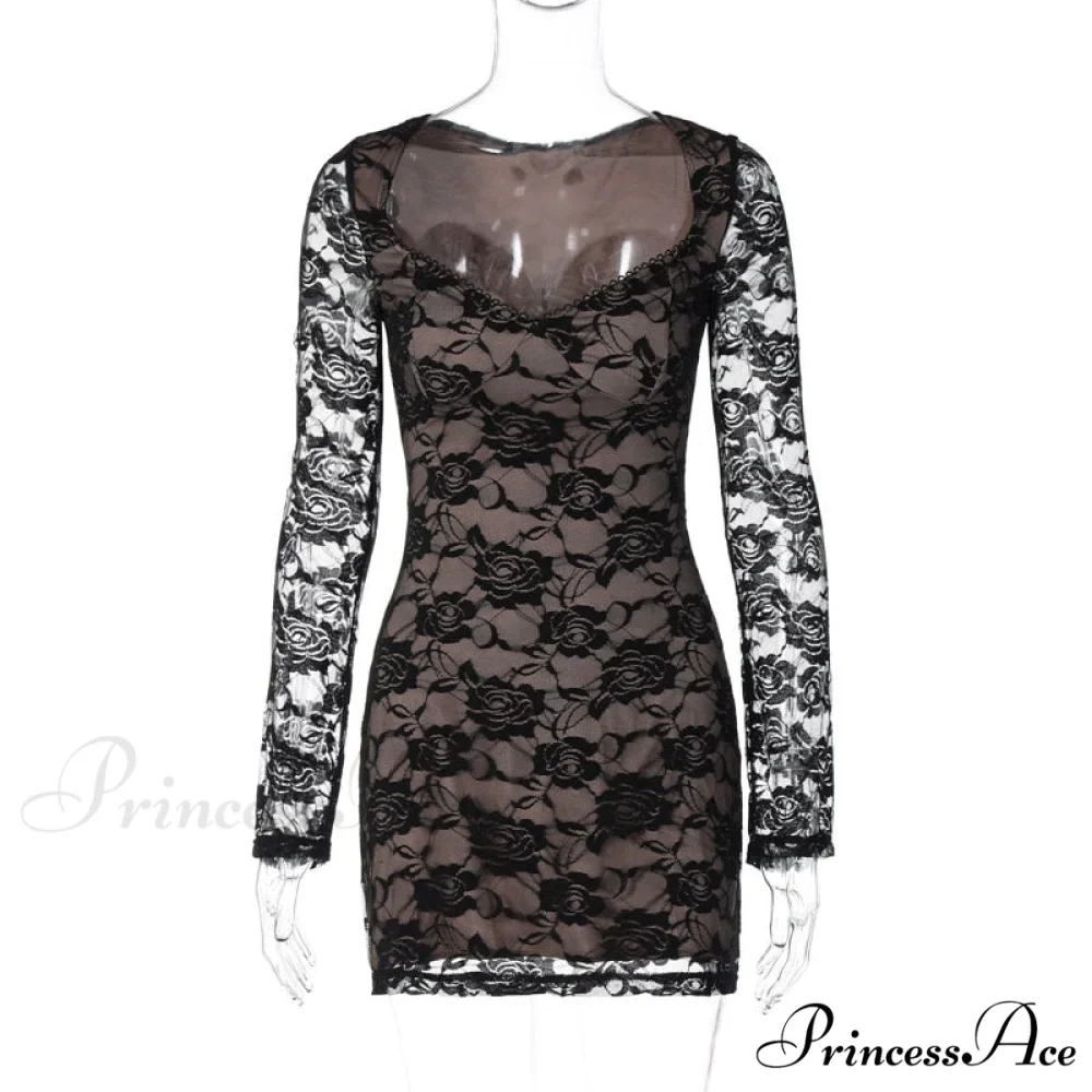 Black Lace Layered Charming Long Sleeve Mini Dress - Image 9