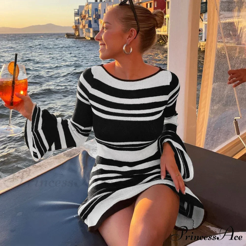 Black Stripe Knit Backless Graceful Long Sleeve Mini Dress - Image 3