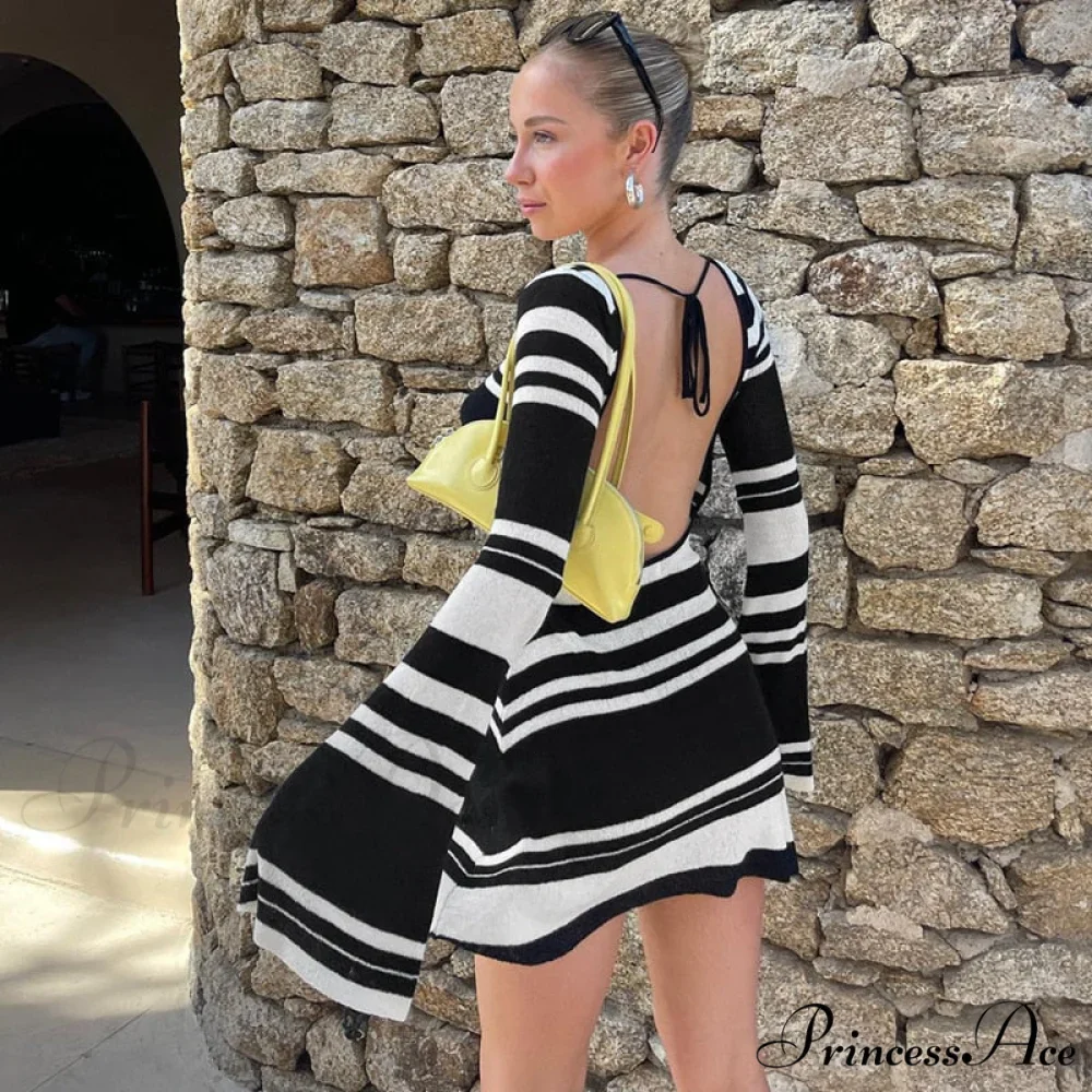 Black Stripe Knit Backless Graceful Long Sleeve Mini Dress - Image 4