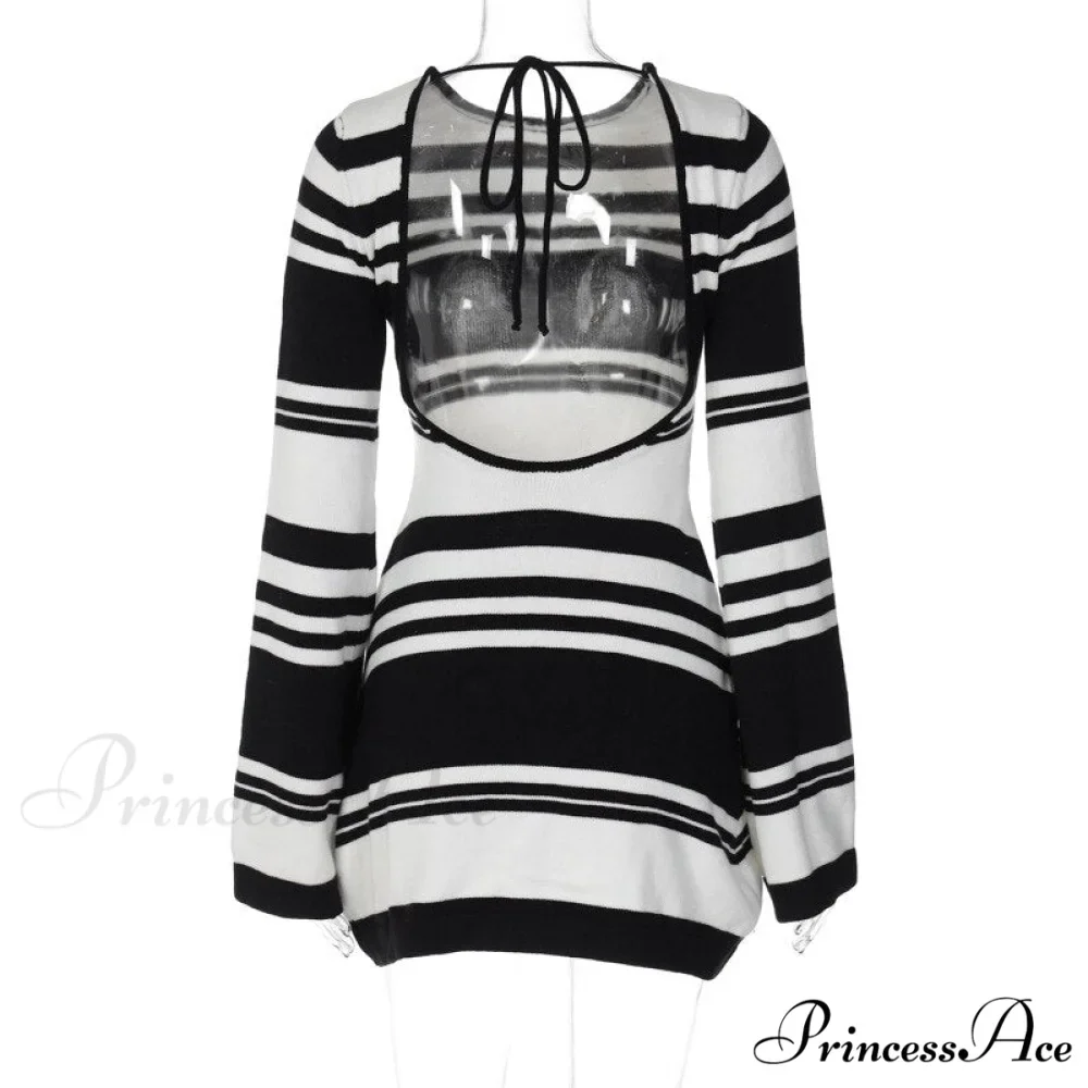 Black Stripe Knit Backless Graceful Long Sleeve Mini Dress - Image 7