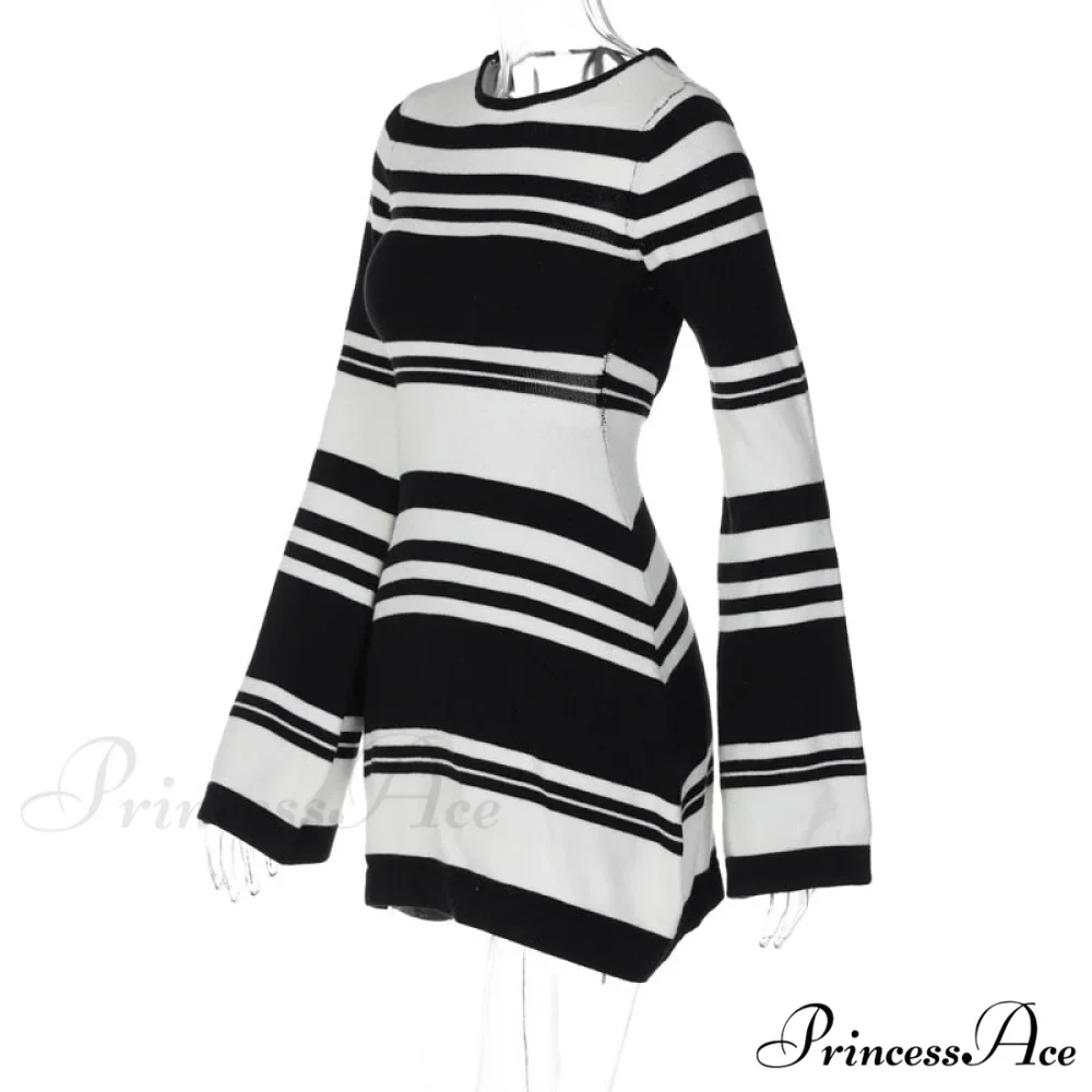 Black Stripe Knit Backless Graceful Long Sleeve Mini Dress - Image 8