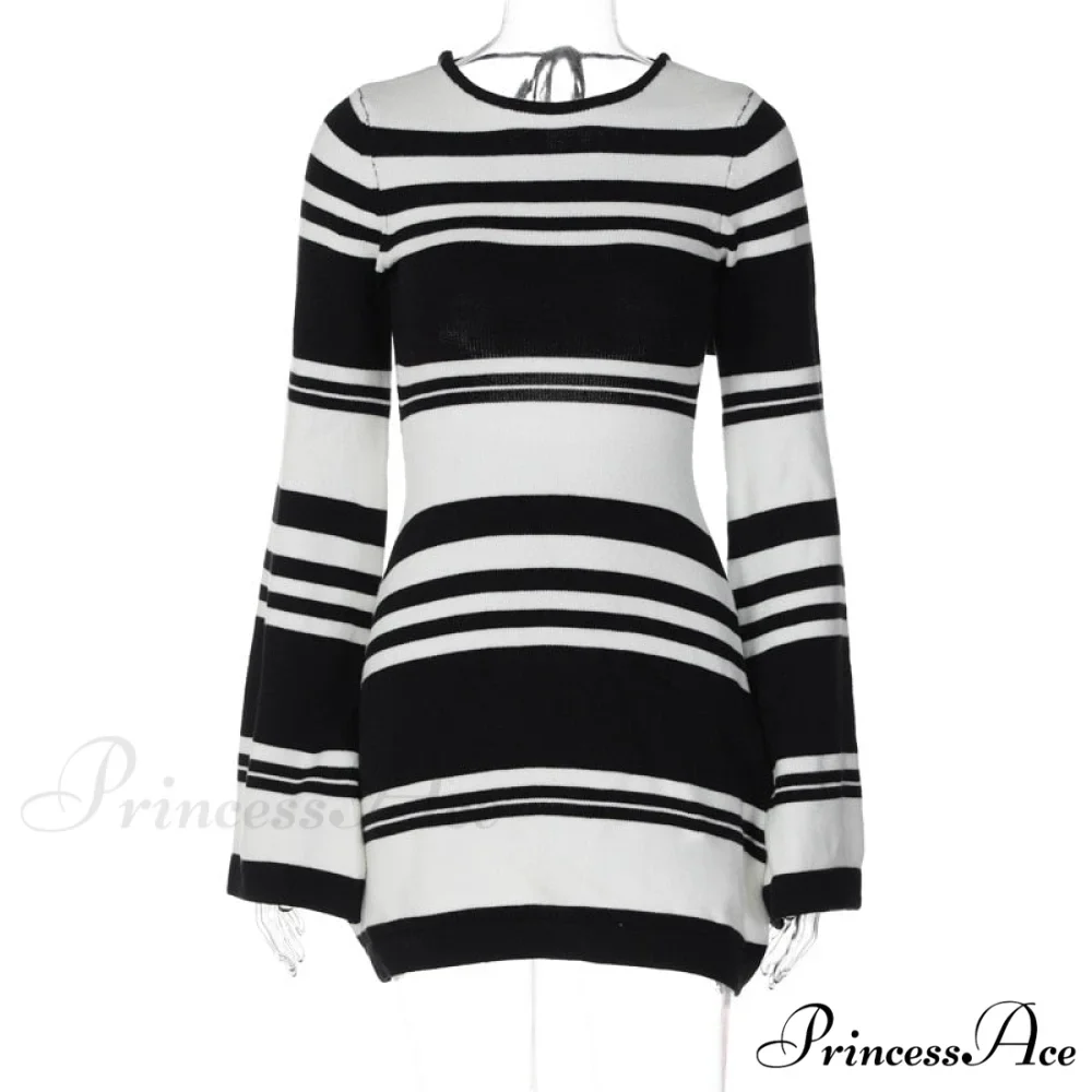 Black Stripe Knit Backless Graceful Long Sleeve Mini Dress - Image 9