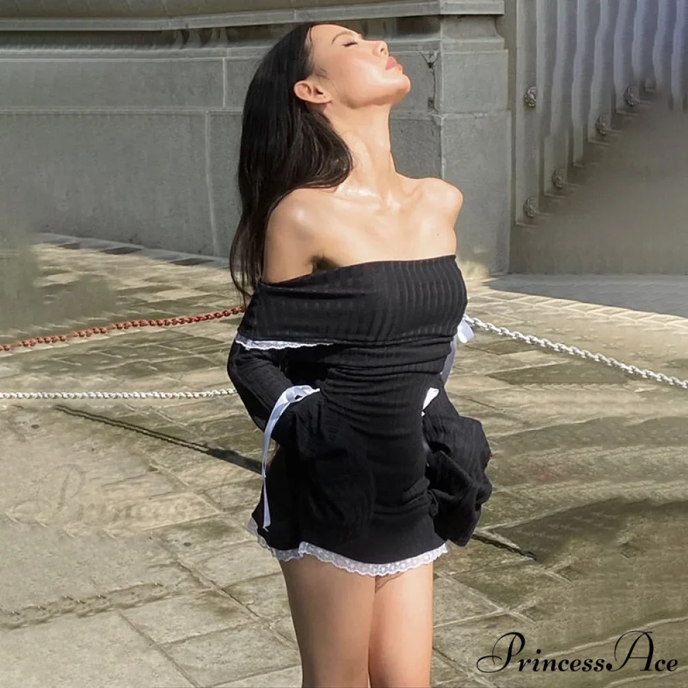 Black Long Sleeve Charming Off-shoulder Bow Mini Dress - Image 2