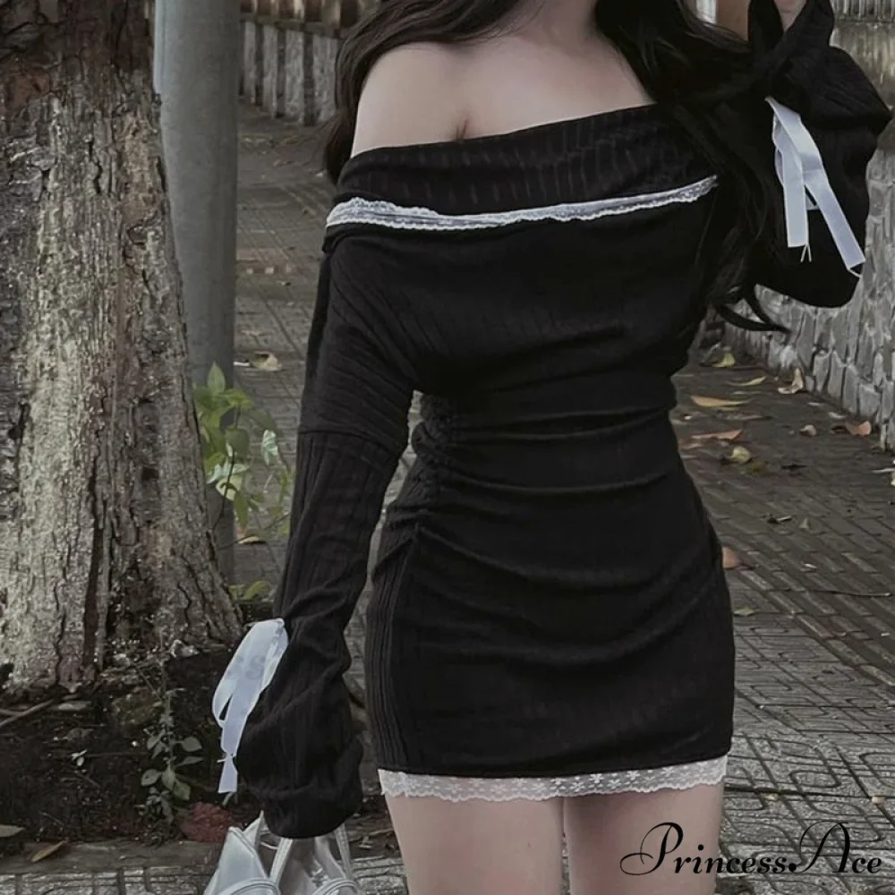 Black Long Sleeve Charming Off-shoulder Bow Mini Dress - Image 4