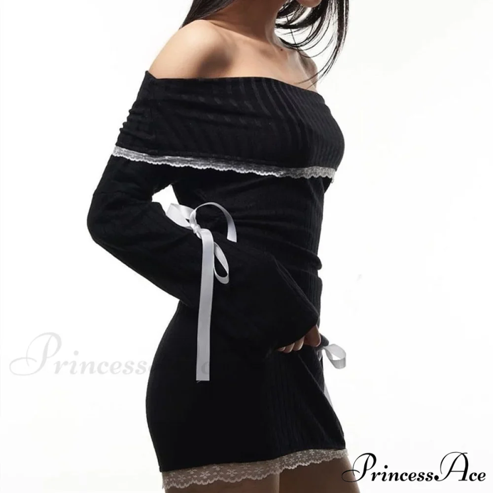 Black Long Sleeve Charming Off-shoulder Bow Mini Dress - Image 6