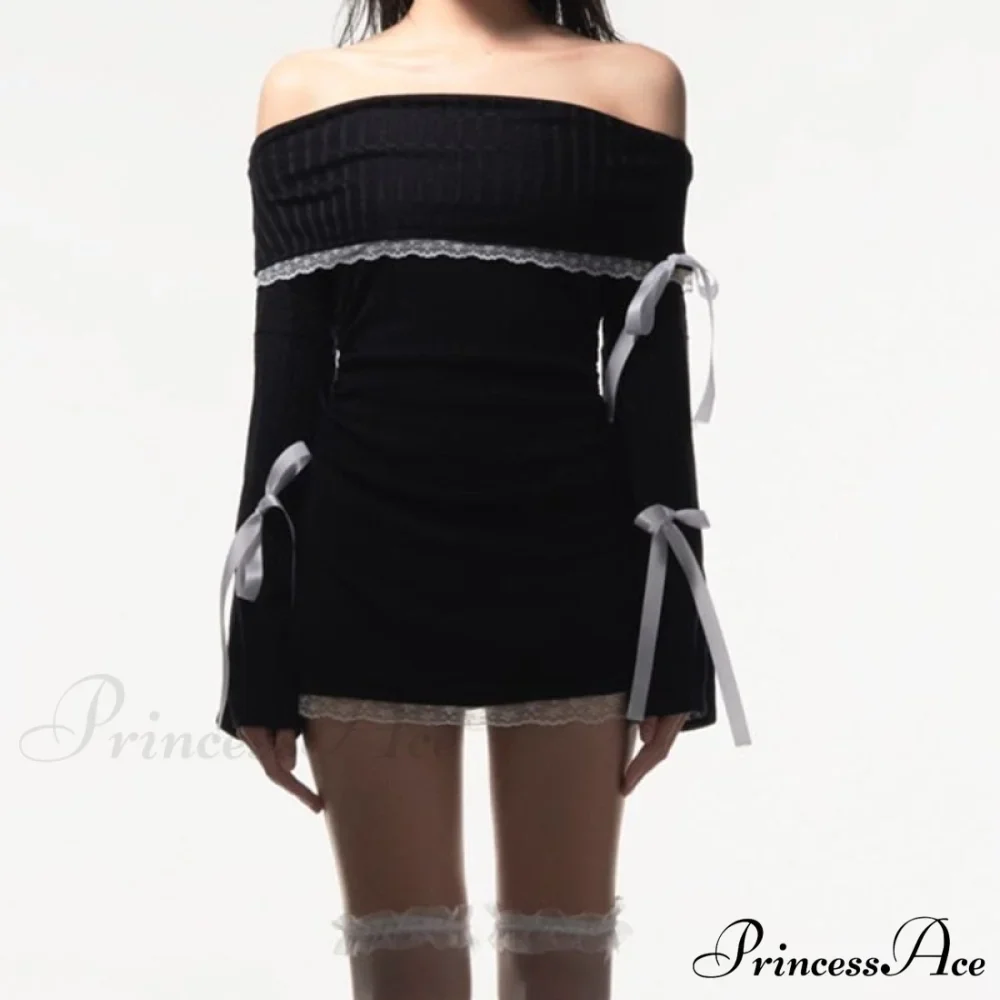 Black Long Sleeve Charming Off-shoulder Bow Mini Dress - Image 7