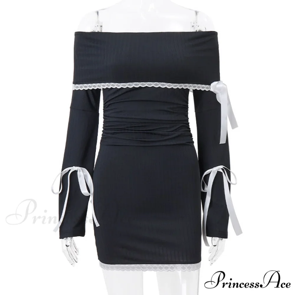 Black Long Sleeve Charming Off-shoulder Bow Mini Dress - Image 8