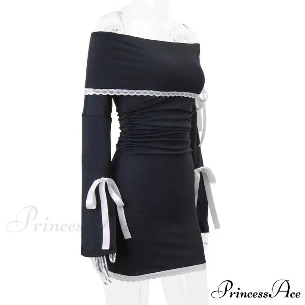 Black Long Sleeve Charming Off-shoulder Bow Mini Dress - Image 9