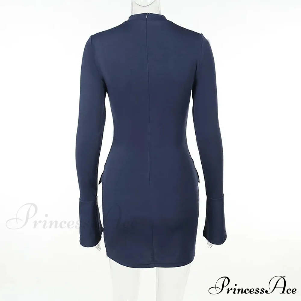 Dark Blue Long Charming Sleeve Bodycon Mini Dress - Image 10