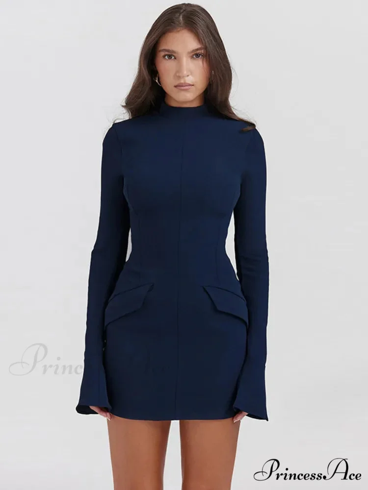 Dark Blue Long Charming Sleeve Bodycon Mini Dress - Image 3