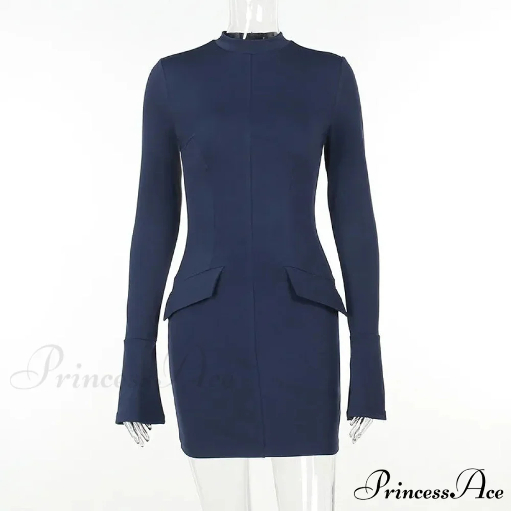 Dark Blue Long Charming Sleeve Bodycon Mini Dress - Image 8