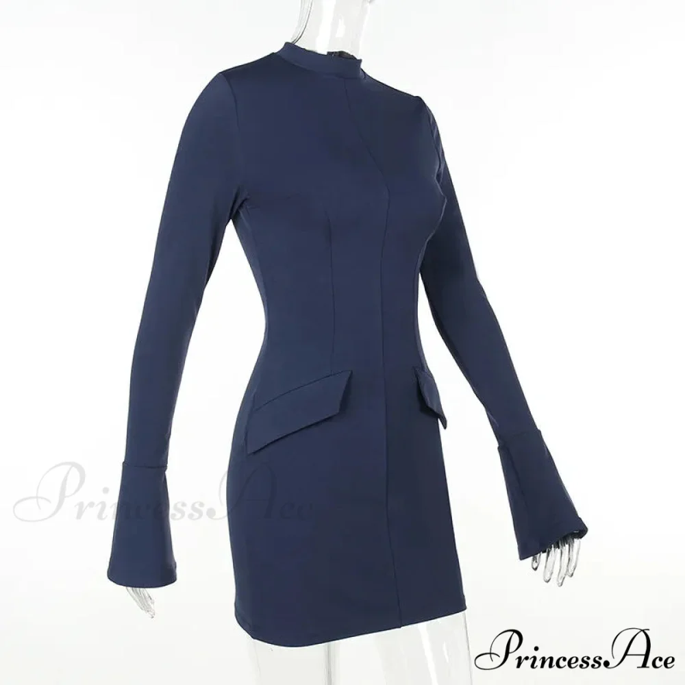 Dark Blue Long Charming Sleeve Bodycon Mini Dress - Image 9