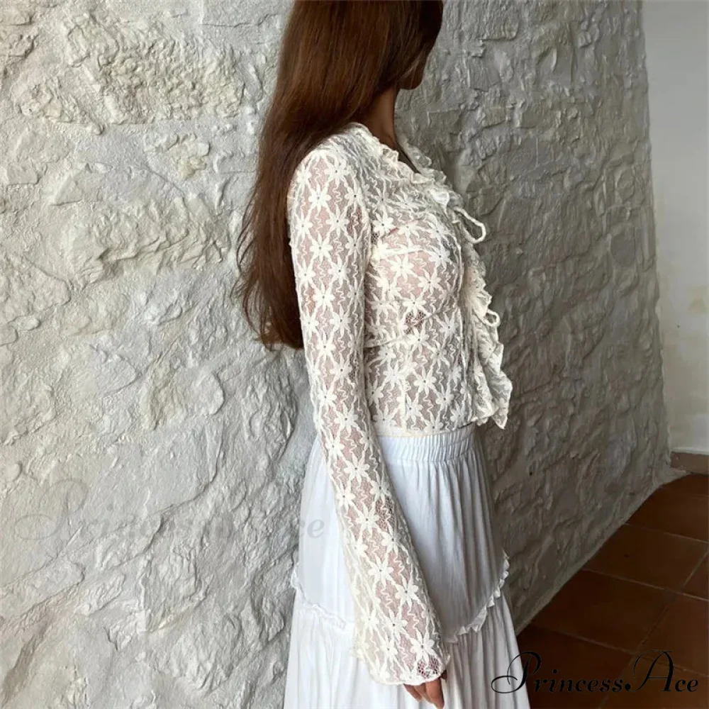 Lace Sheer Floral Flare Graceful Long Sleeve Front Tie Top - Image 10