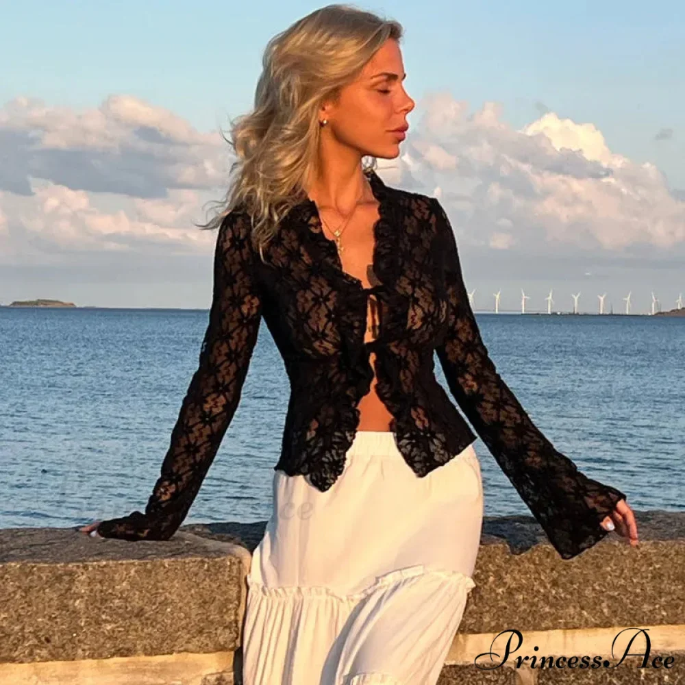 Lace Sheer Floral Flare Graceful Long Sleeve Front Tie Top - Image 11