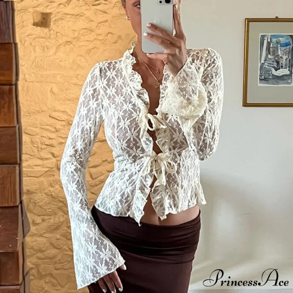 Lace Sheer Floral Flare Graceful Long Sleeve Front Tie Top - Image 2