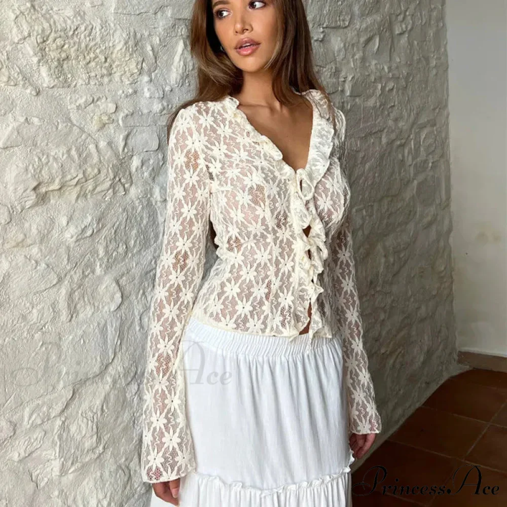 Lace Sheer Floral Flare Graceful Long Sleeve Front Tie Top - Image 3