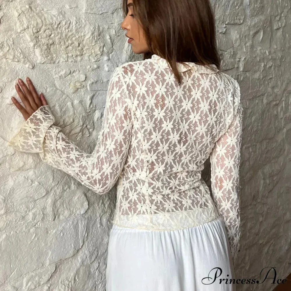 Lace Sheer Floral Flare Graceful Long Sleeve Front Tie Top - Image 4