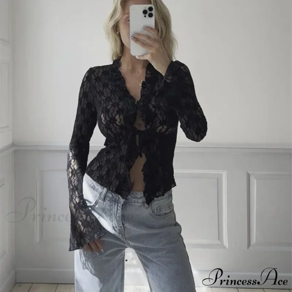 Lace Sheer Floral Flare Graceful Long Sleeve Front Tie Top - Image 6