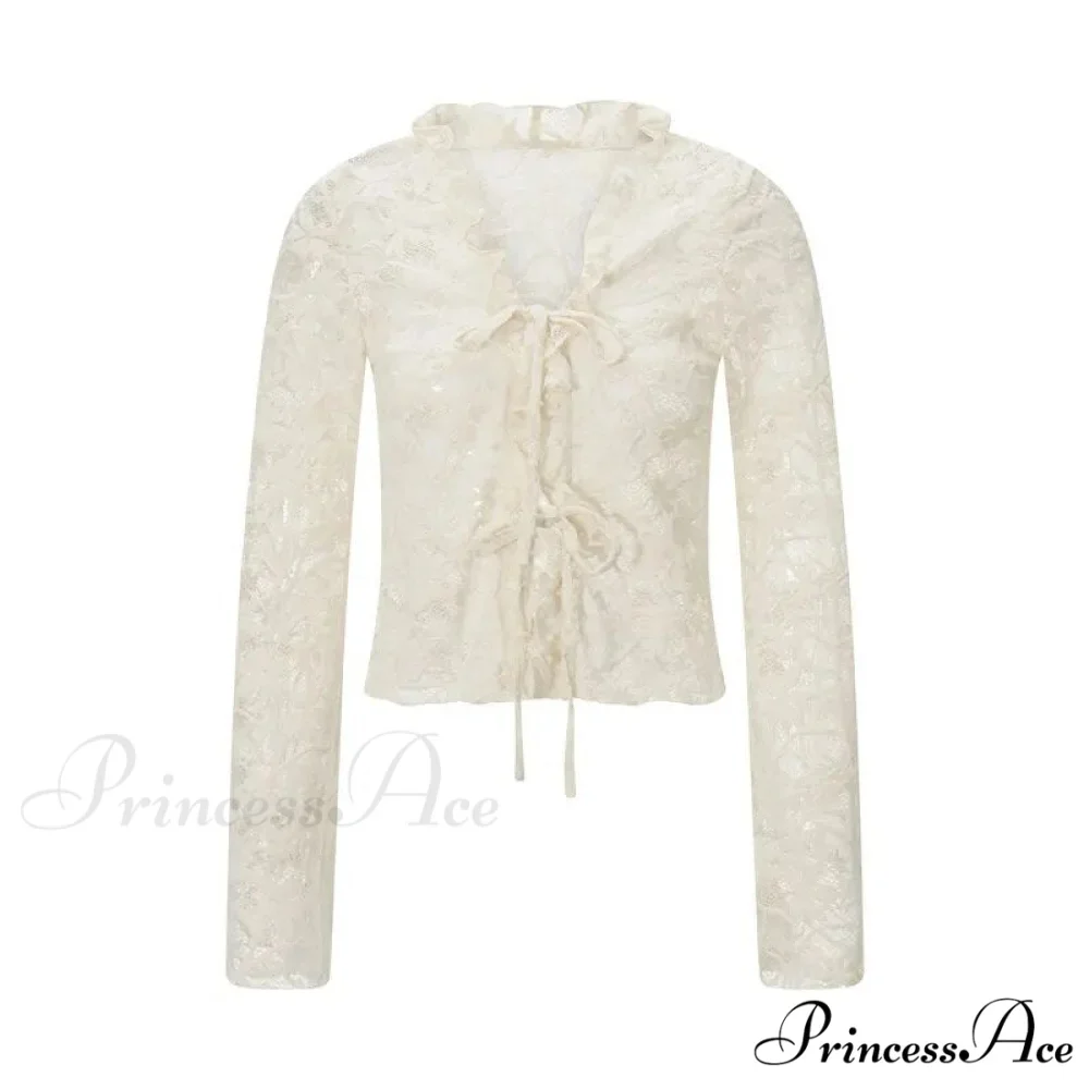 Lace Sheer Floral Flare Graceful Long Sleeve Front Tie Top - Image 7