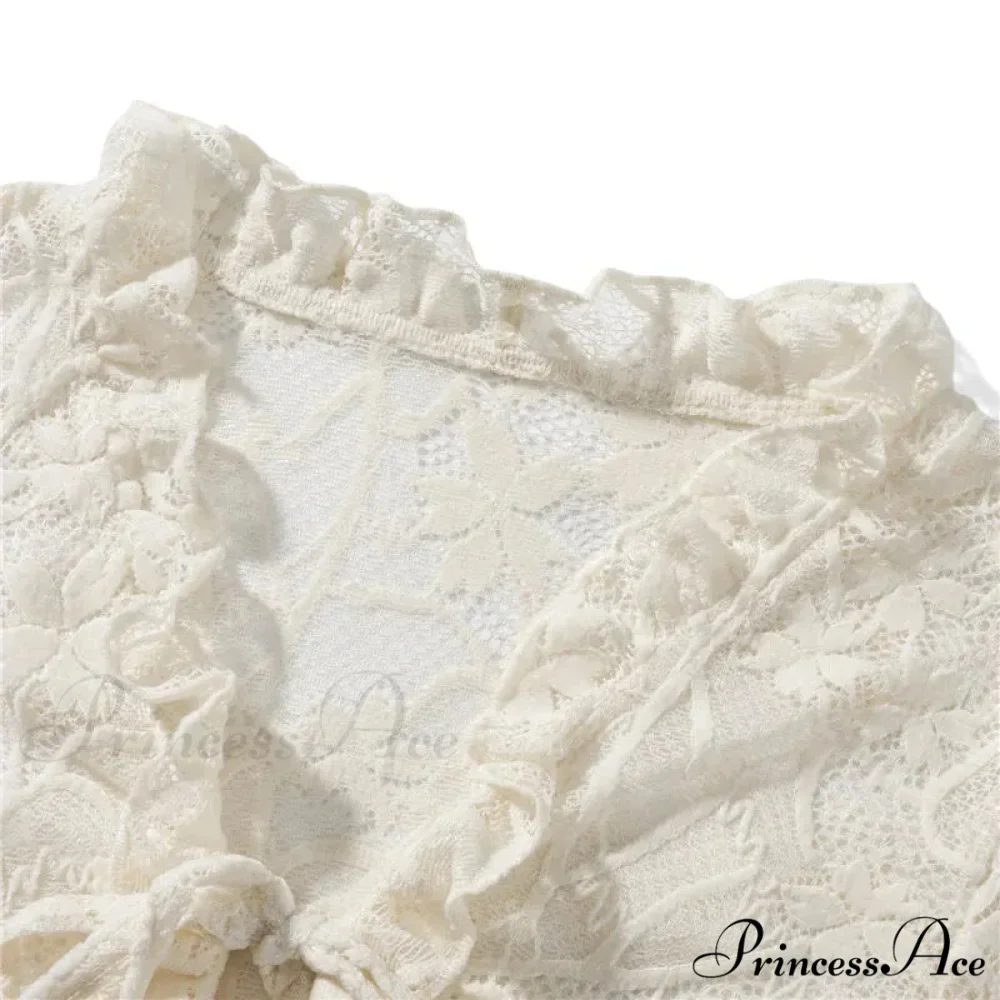 Lace Sheer Floral Flare Graceful Long Sleeve Front Tie Top - Image 8