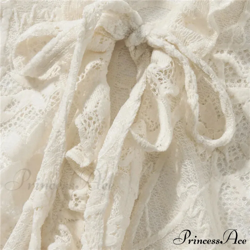 Lace Sheer Floral Flare Graceful Long Sleeve Front Tie Top - Image 9