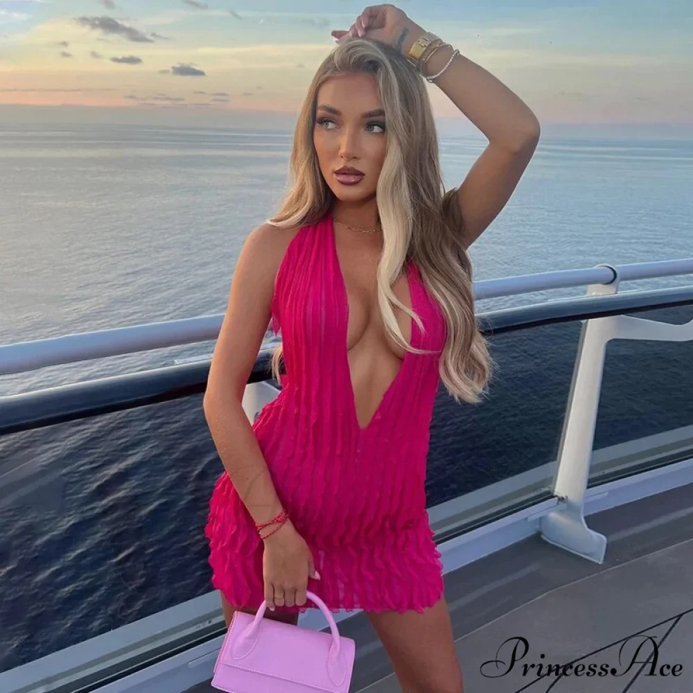 Pink Ruffles Deep Charming V-neck Mini Dress - Image 11