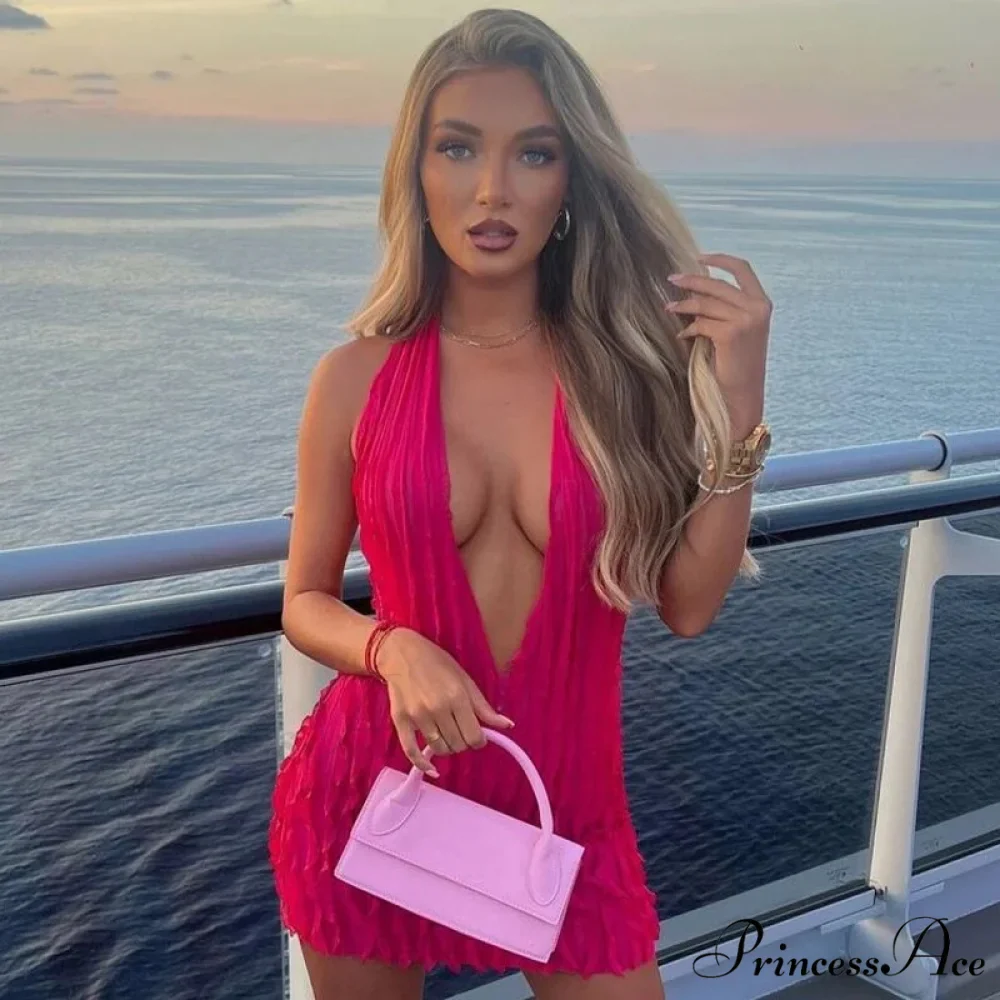 Pink Ruffles Deep Charming V-neck Mini Dress - Image 12