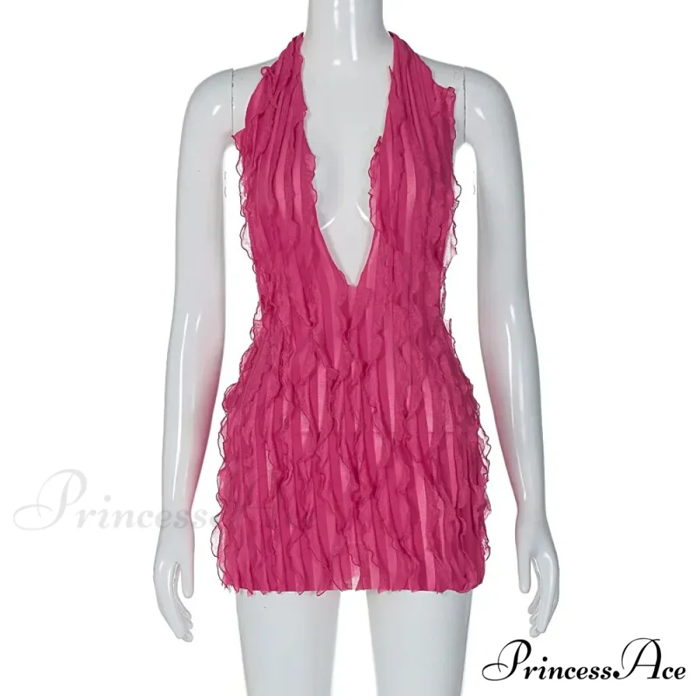 Pink Ruffles Deep Charming V-neck Mini Dress - Image 3